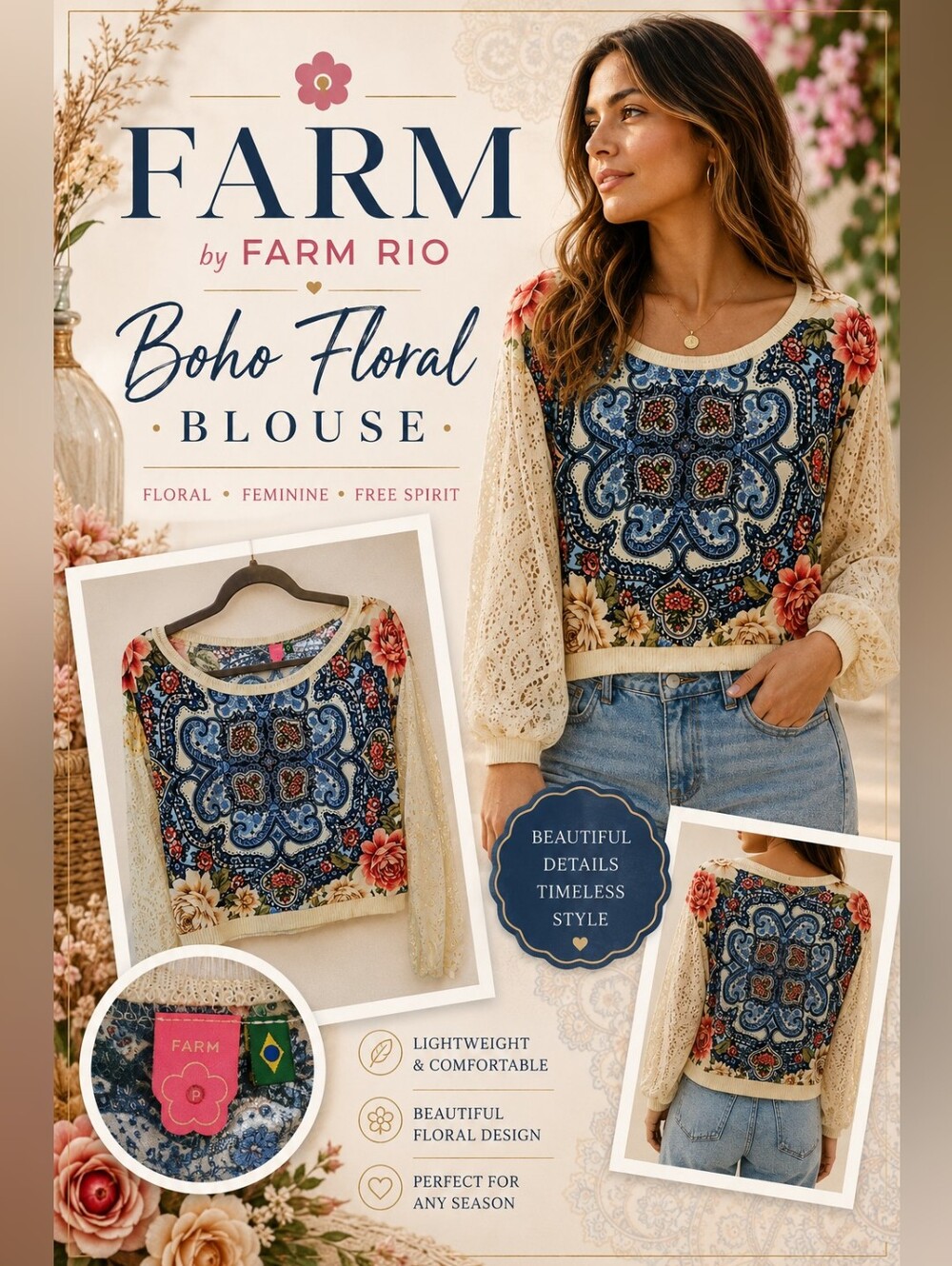 FARM Rio Azulejo Tile Blue Floral Sweater Crochet Sleeve Sz P